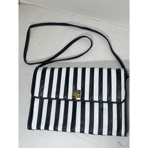 Vintage Brio! Black and White Striped Leather Shoulder Crossbody Bag Purse 70s